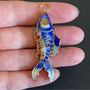 Vintage Chinese blue enamel Articulated koi Fish Pendant.